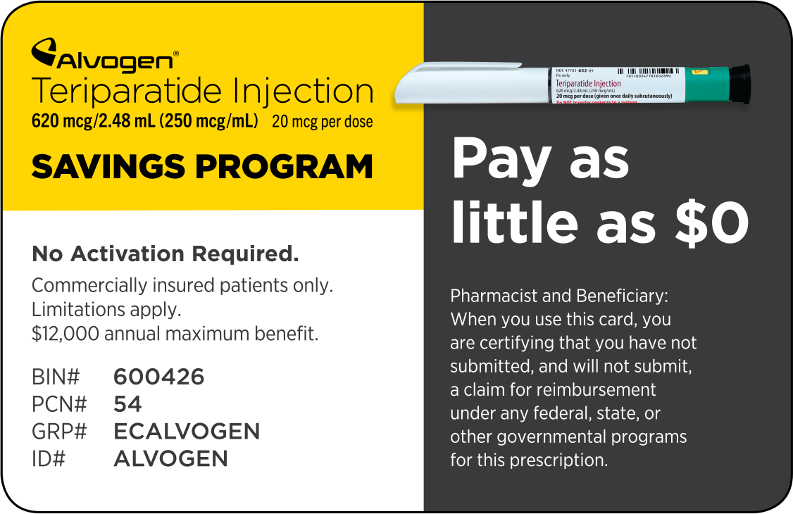 Alvogen's Teriparatide Injection Savings Card
